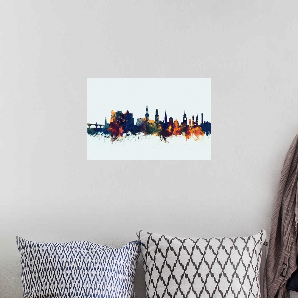 A bohemian room featuring Watercolor art print of the skyline of Heidelberg, Germany