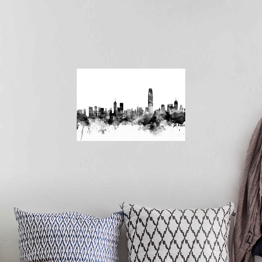 A bohemian room featuring Contemporary artwork of the Hong Kong city skyline in black watercolor paint splashes.