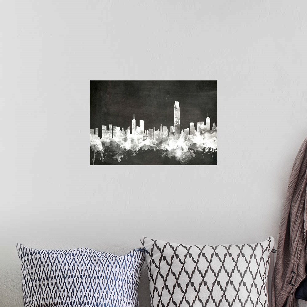 A bohemian room featuring Smokey dark watercolor silhouette of the Hong Kong city skyline against chalkboard background.