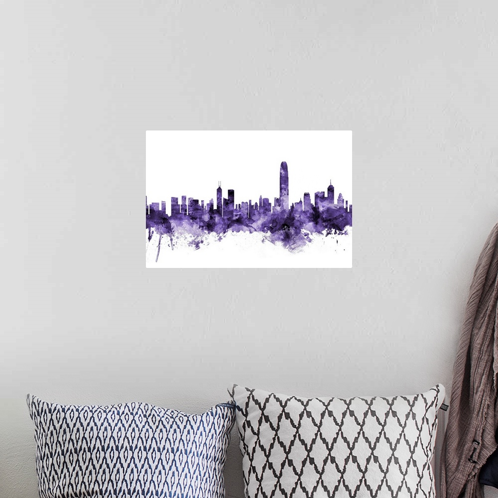 A bohemian room featuring Watercolor art print of the skyline of Hong Kong, China