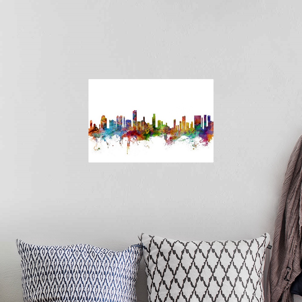 A bohemian room featuring Watercolor artwork of the Honolulu skyline against a white background.