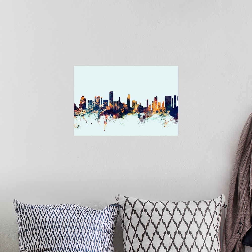 A bohemian room featuring Dark watercolor silhouette of the Honolulu city skyline against a light blue background.