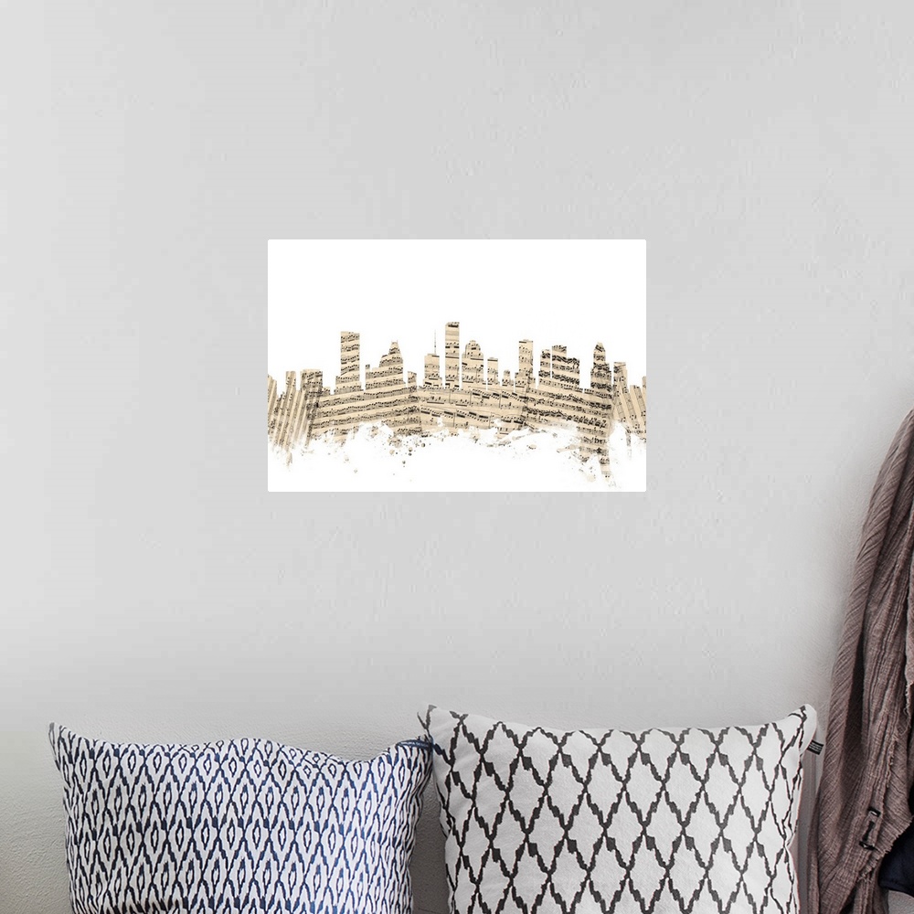 A bohemian room featuring Houston skyline made of sheet music against a white background.