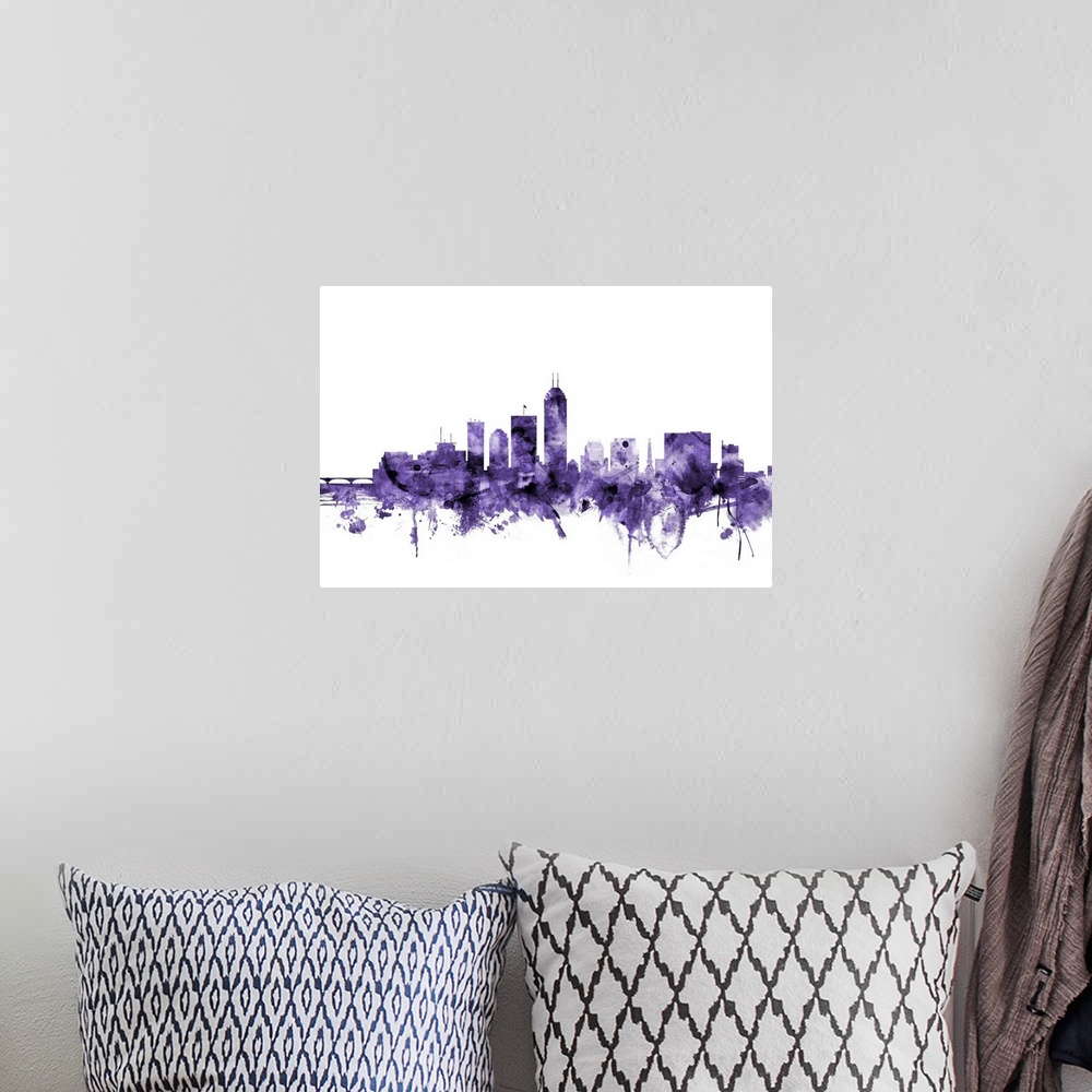 A bohemian room featuring Watercolor art print of the skyline of Indianapolis, Indiana, United States