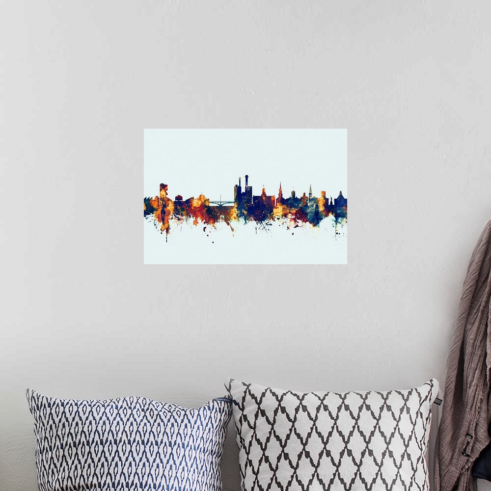 A bohemian room featuring Watercolor art print of the skyline of Iowa City, Iowa, United States