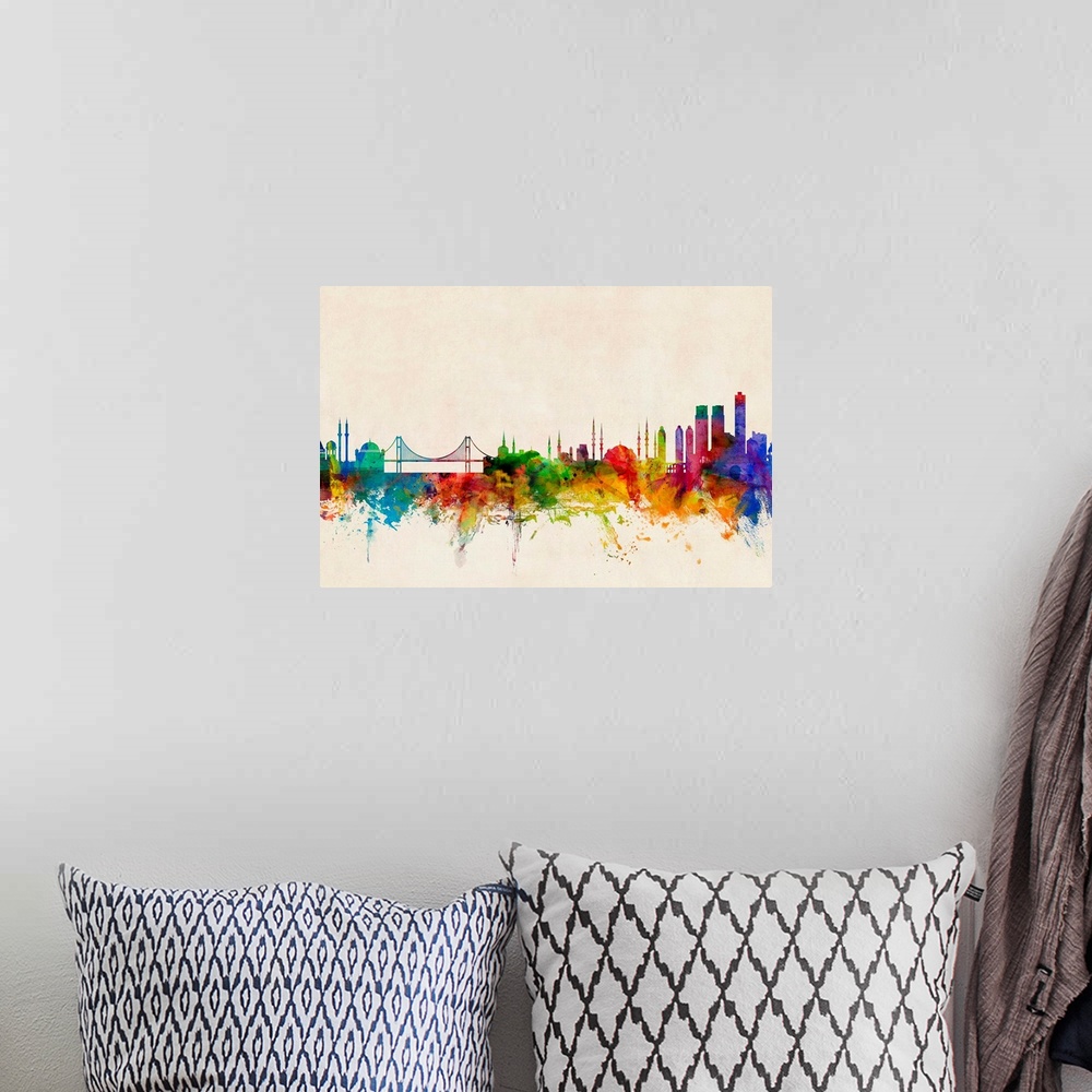 A bohemian room featuring Contemporary piece of artwork of the Istanbul skyline made of colorful paint splashes.