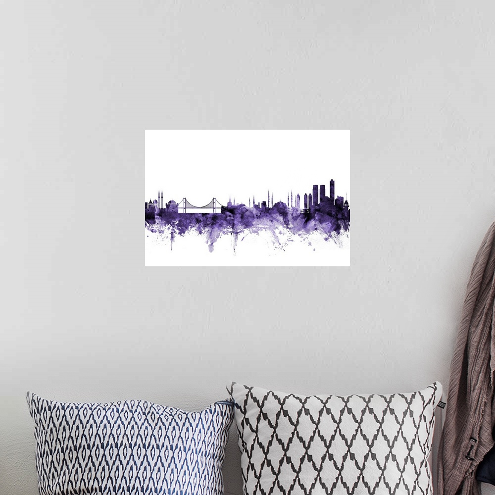 A bohemian room featuring Watercolor art print of the skyline of Istanbul, Turkey
