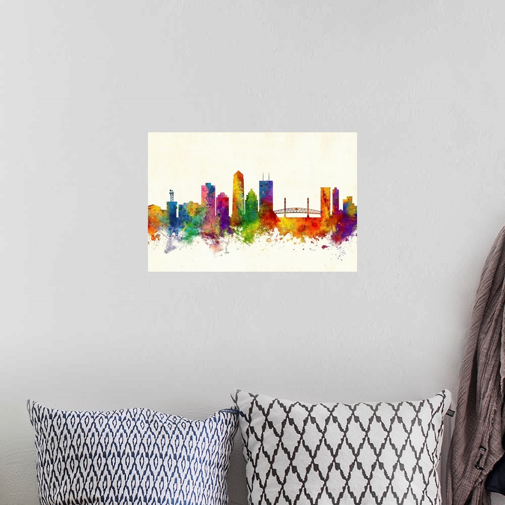 A bohemian room featuring Watercolor art print of the skyline of Jacksonville, Florida, United States