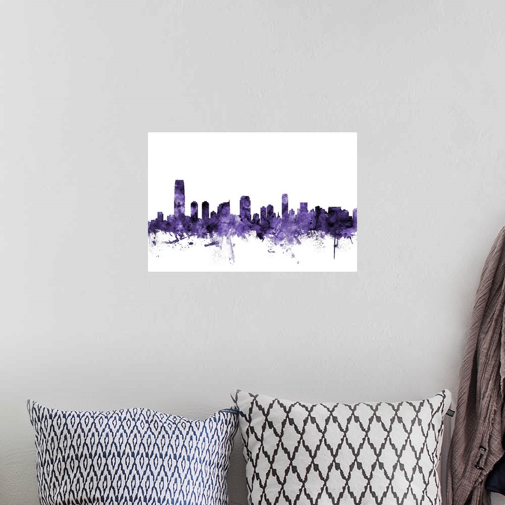 A bohemian room featuring Watercolor art print of the skyline of Jersey City, New Jersey, United States