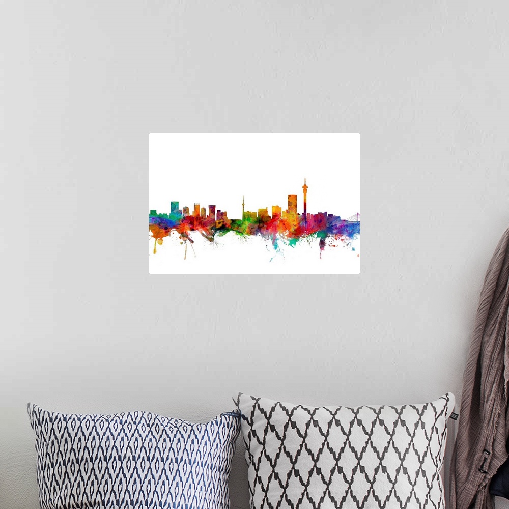 A bohemian room featuring Watercolor artwork of the Johannesburg skyline against a white background.