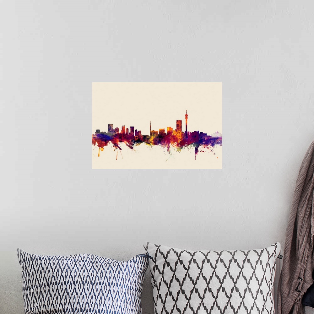 A bohemian room featuring Contemporary artwork of the Johannesburg city skyline in watercolor paint splashes.