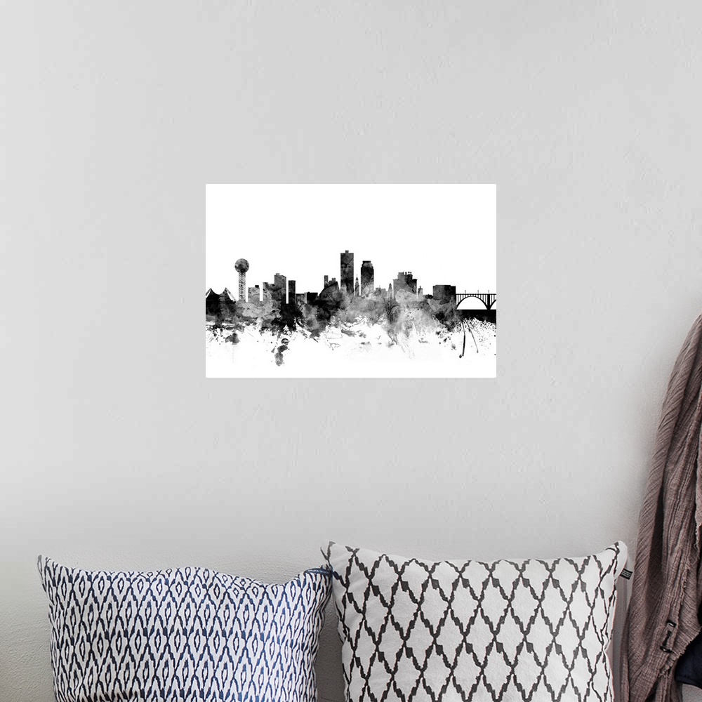 A bohemian room featuring Smokey dark watercolor silhouette of the Knoxville city skyline.