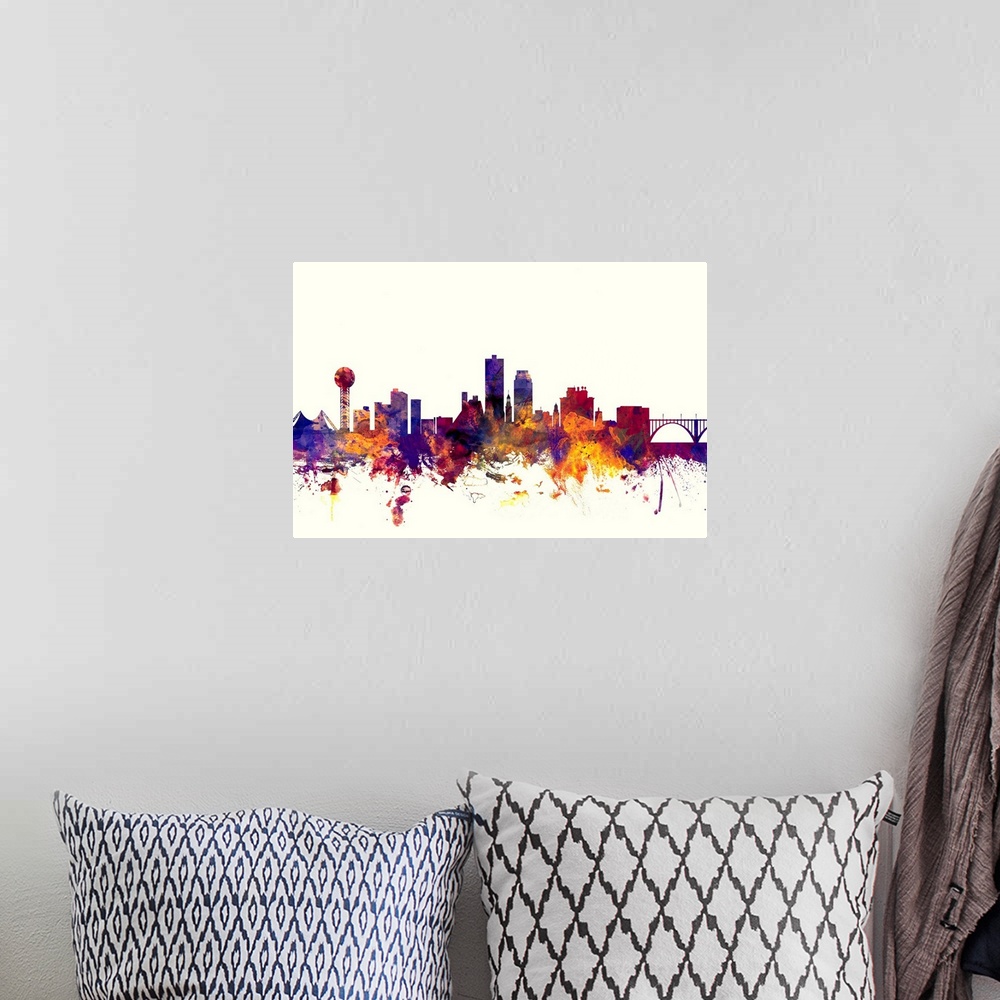A bohemian room featuring Dark watercolor splattered silhouette of the Knoxville city skyline.