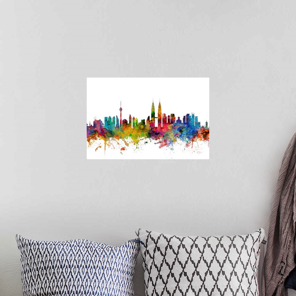 A bohemian room featuring Watercolor artwork of the Kuala Lumpur skyline against a white background.