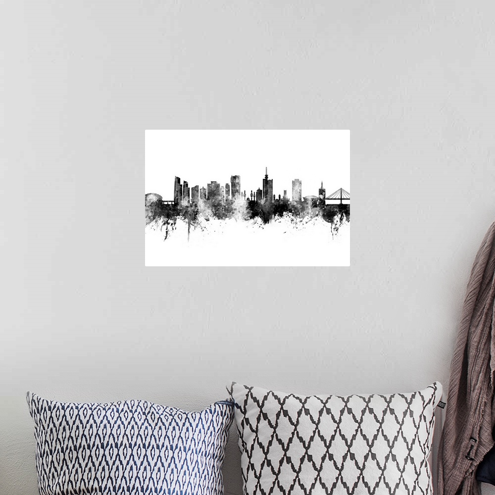 A bohemian room featuring Watercolor art print of the skyline of Lagos, Nigeria