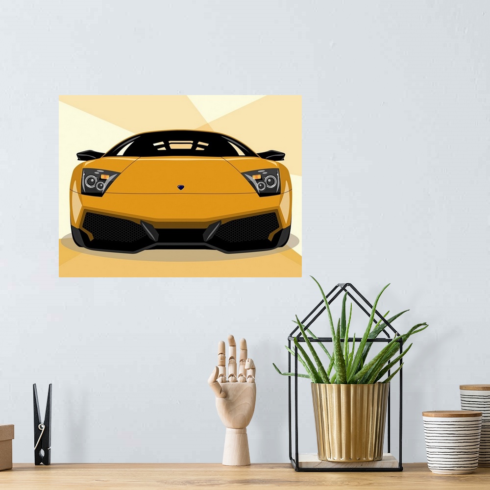 A bohemian room featuring Digital pop art design of a Lamborghini Murcielago LP670 sports car seen from the front.