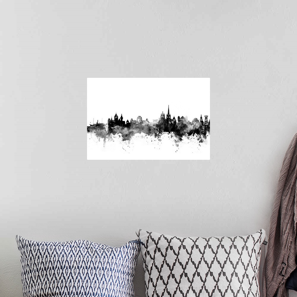 A bohemian room featuring Watercolor art print of the skyline of Lausanne, Switzerland