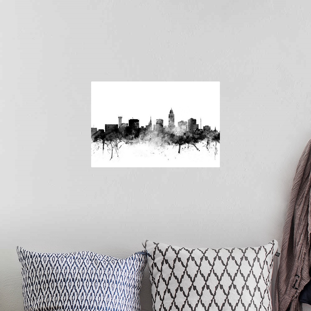 A bohemian room featuring Smokey dark watercolor silhouette of the Lincoln city skyline.