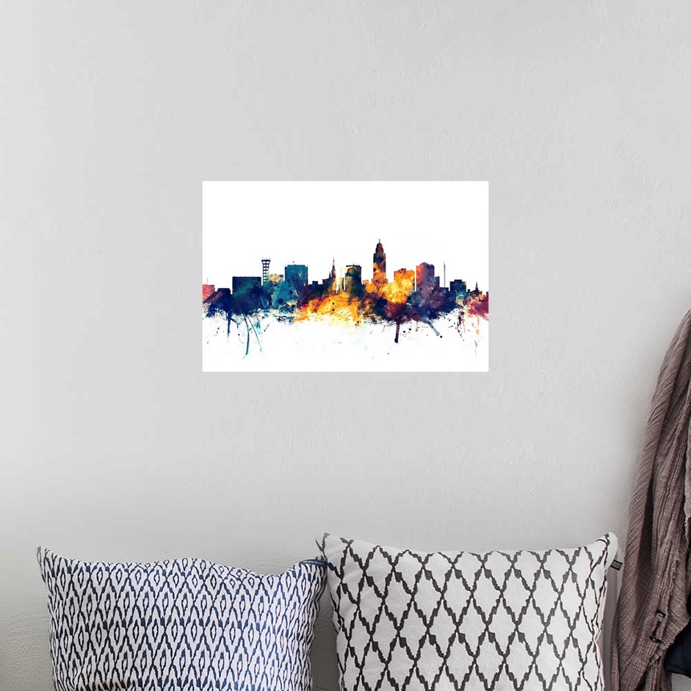 A bohemian room featuring Dark watercolor silhouette of the Lincoln city skyline against a light blue background.