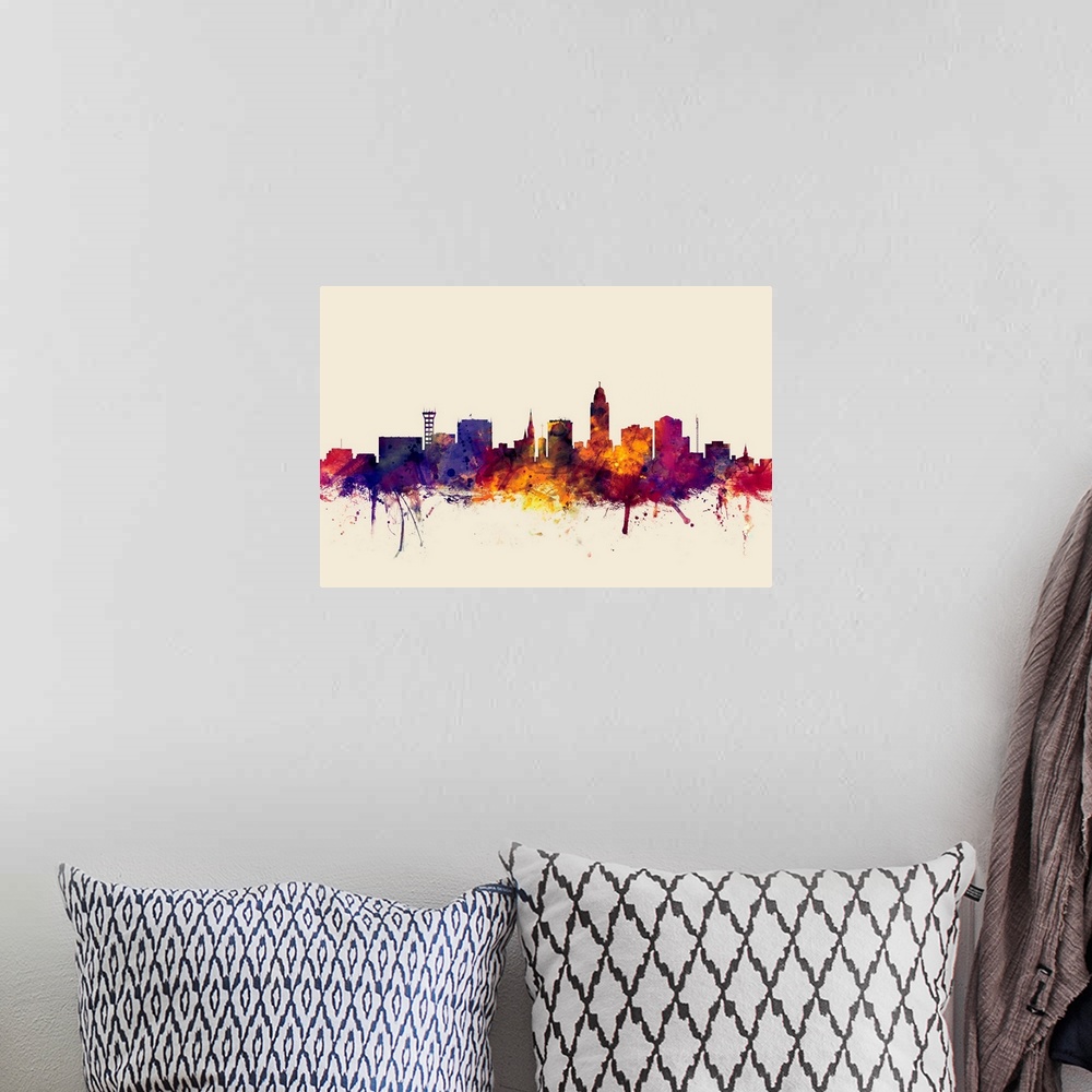 A bohemian room featuring Dark watercolor splattered silhouette of the Lincoln city skyline.