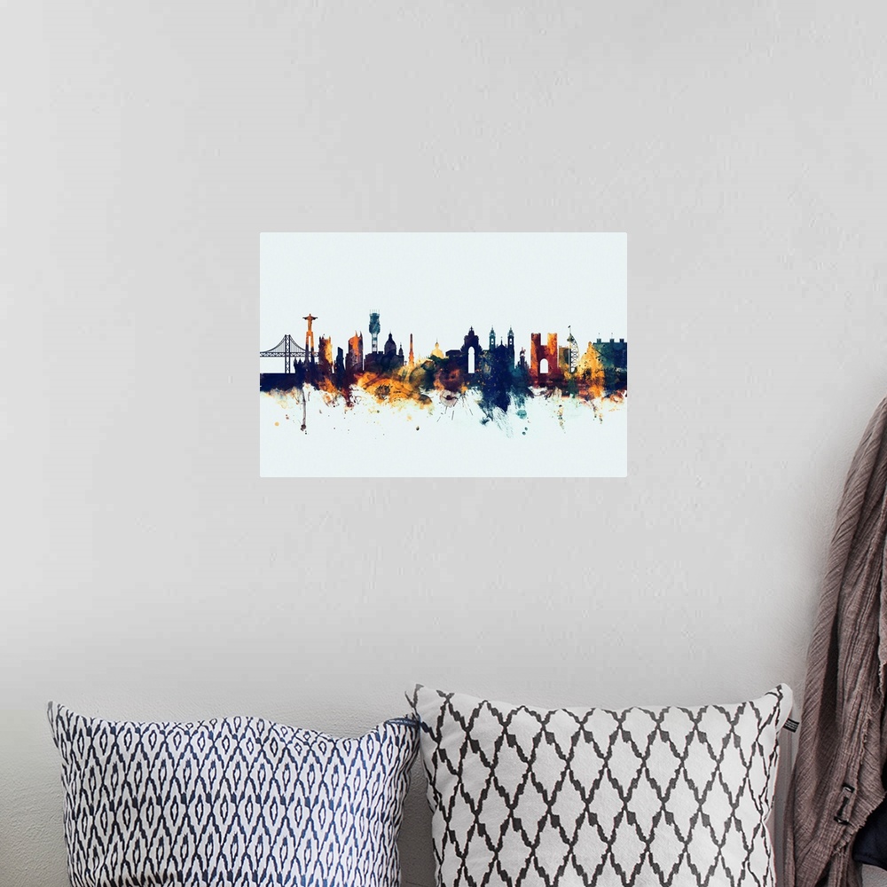 A bohemian room featuring Watercolor art print of the skyline of Lisbon, Portugal