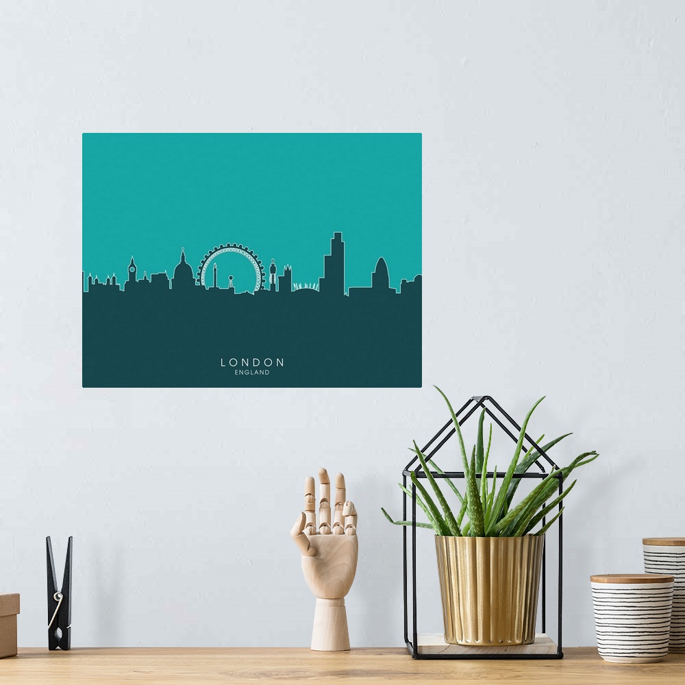 A bohemian room featuring Contemporary artwork of the London skyline silhouetted in teal.