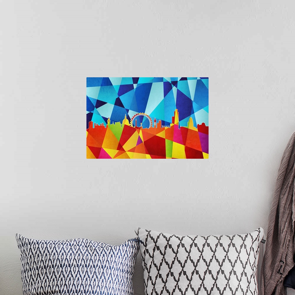 A bohemian room featuring Contemporary artwork of a geometric and prismatic skyline of London.