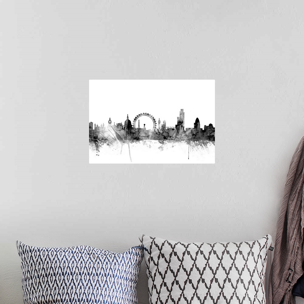 A bohemian room featuring Contemporary artwork of the London city skyline in black watercolor paint splashes.