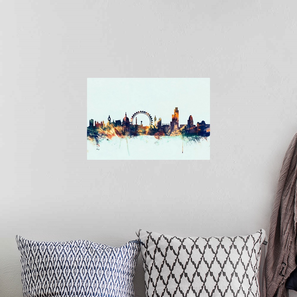A bohemian room featuring Dark watercolor silhouette of the London city skyline against a light blue background.