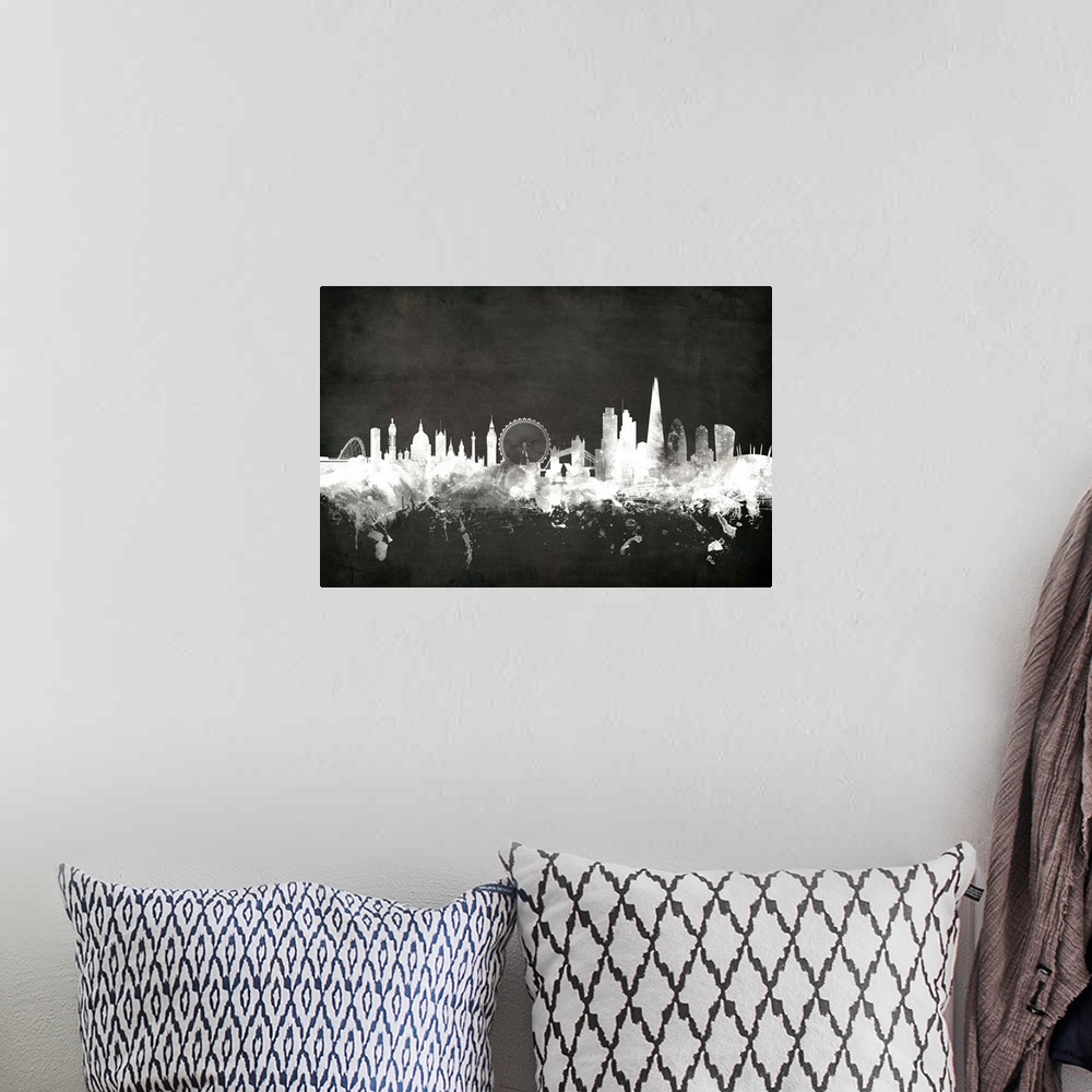 A bohemian room featuring Smokey dark watercolor silhouette of the London city skyline against chalkboard background.