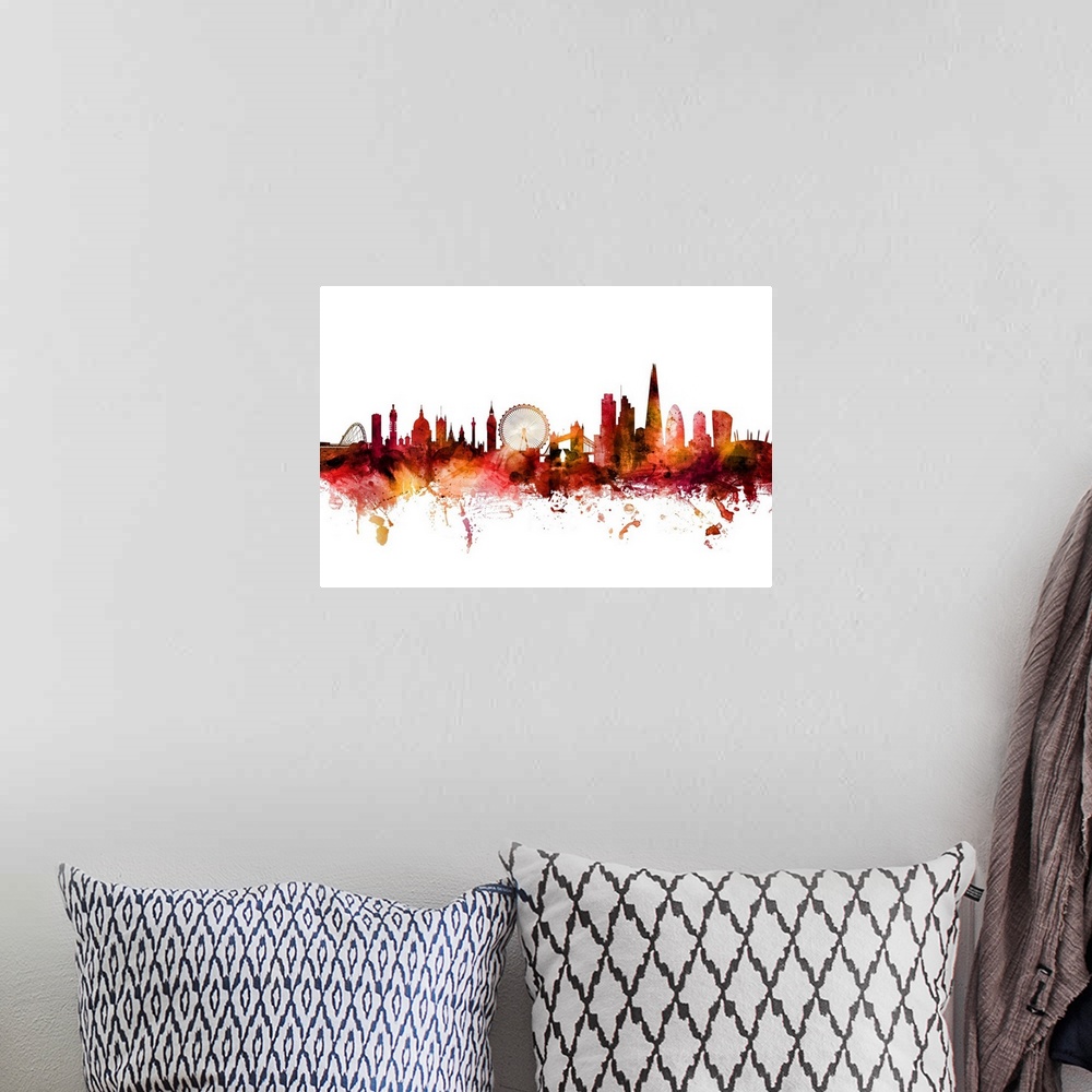 A bohemian room featuring Watercolor art print of the skyline of the City of London, England