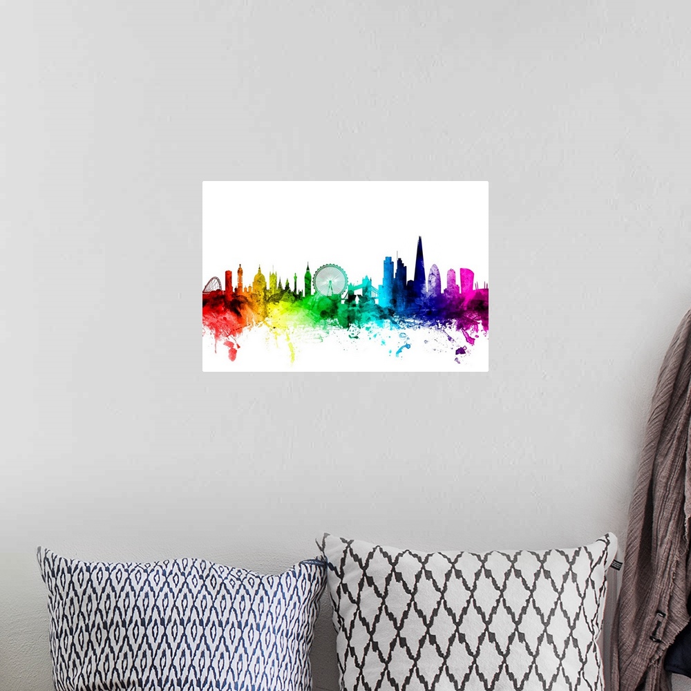 A bohemian room featuring Watercolor art print of the skyline of the City of London, England.