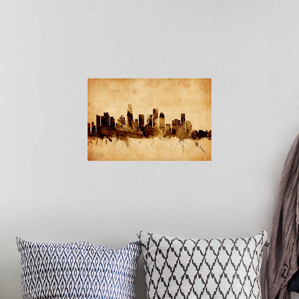 A bohemian room featuring Contemporary artwork of the Los Angeles city skyline in a vintage distressed look.