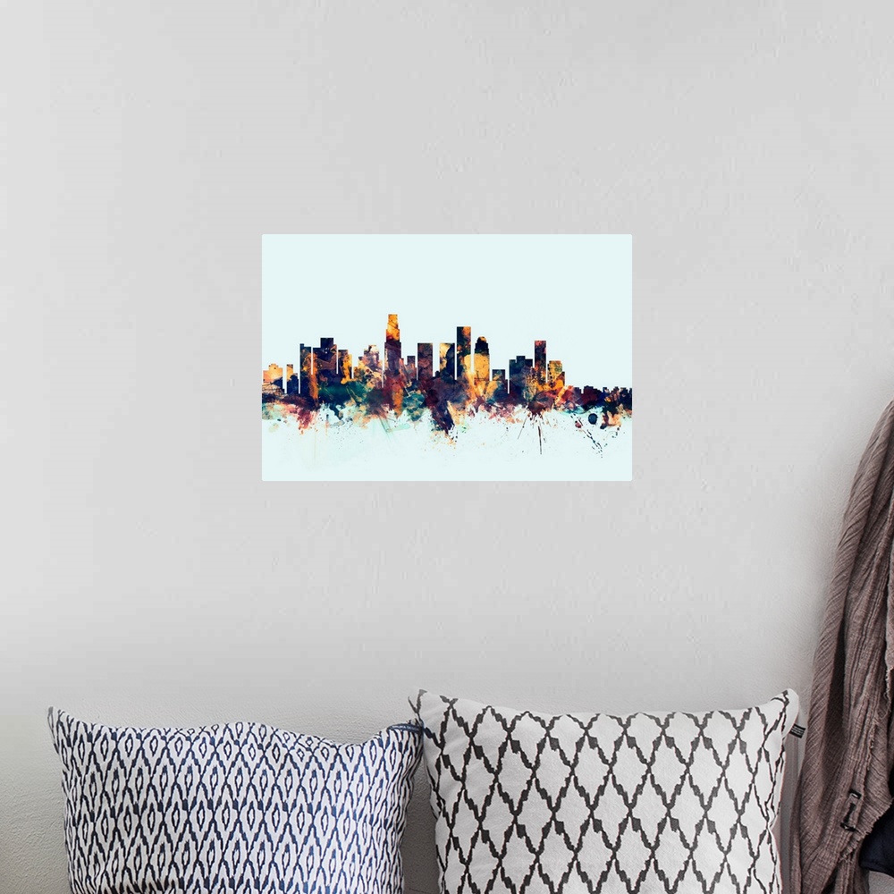 A bohemian room featuring Dark watercolor silhouette of the Los Angeles city skyline against a light blue background.