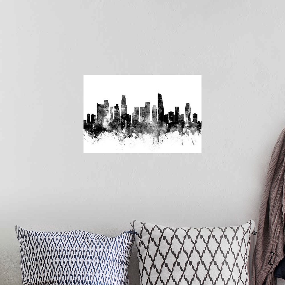 A bohemian room featuring Watercolor art print of the skyline of Los Angeles, California, United States