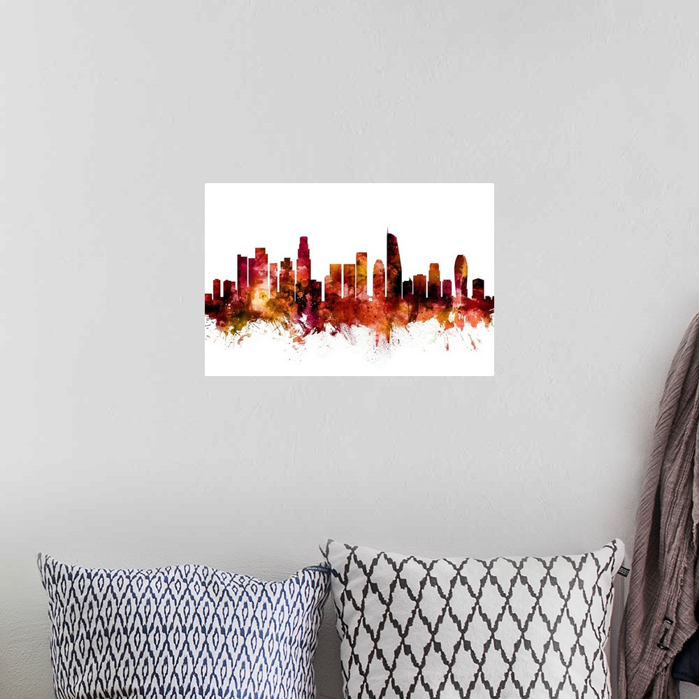A bohemian room featuring Watercolor art print of the skyline of Los Angeles, California, United States