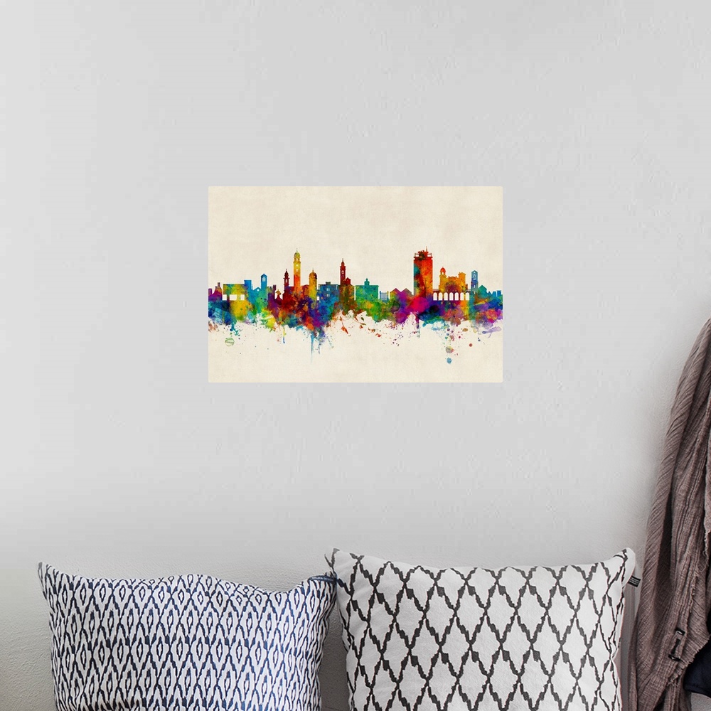 A bohemian room featuring Watercolor art print of the skyline of Lugano, Switzerland