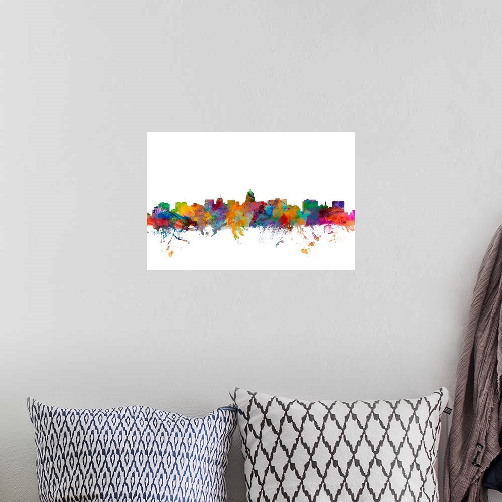 A bohemian room featuring Watercolor artwork of the Madison skyline against a white background.