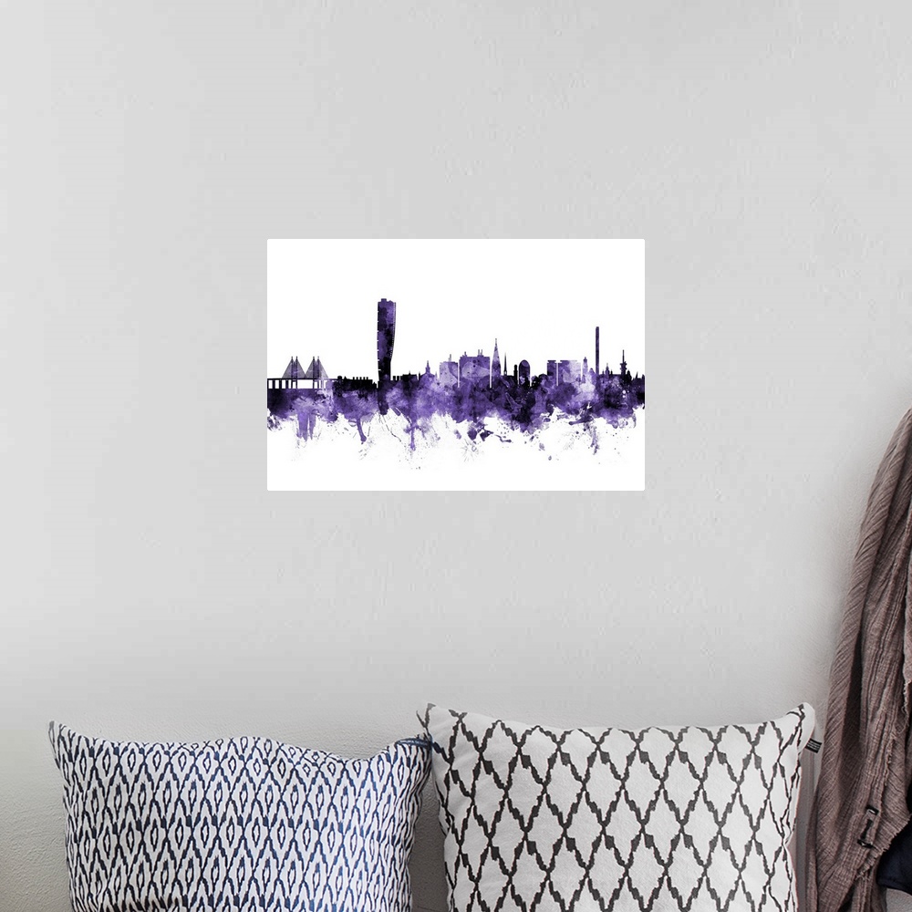 A bohemian room featuring Watercolor art print of the skyline of Malmo, Sweden (Sverige)
