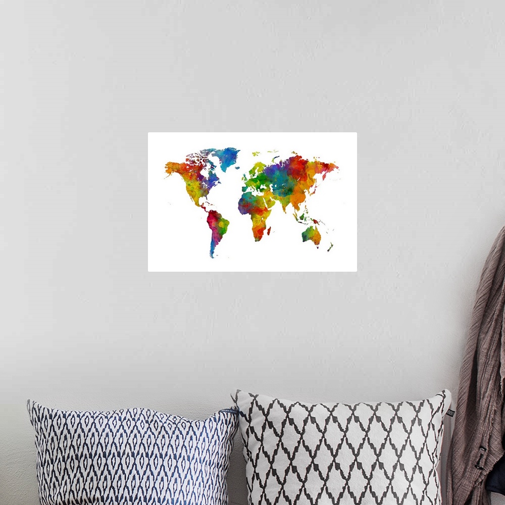 A bohemian room featuring A bright and colorful world map.
