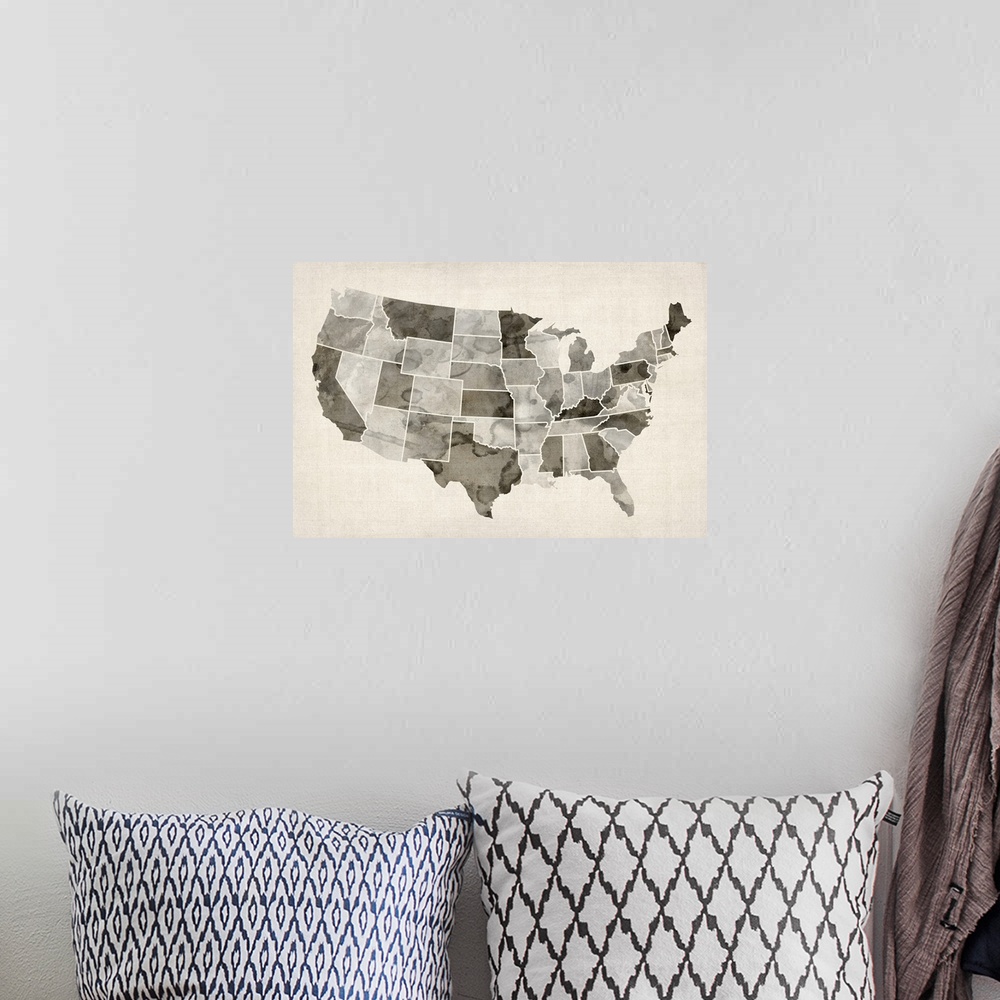 A bohemian room featuring Map of United States of America, watercolor in brown