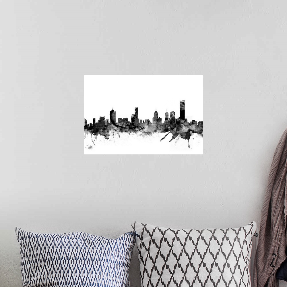 A bohemian room featuring Contemporary artwork of the Melbourne city skyline in black watercolor paint splashes.