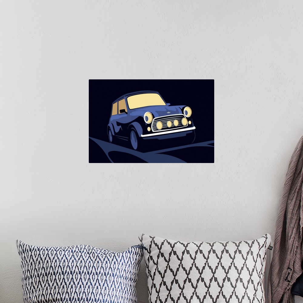A bohemian room featuring Classic Mini Cooper in blue, pop art print