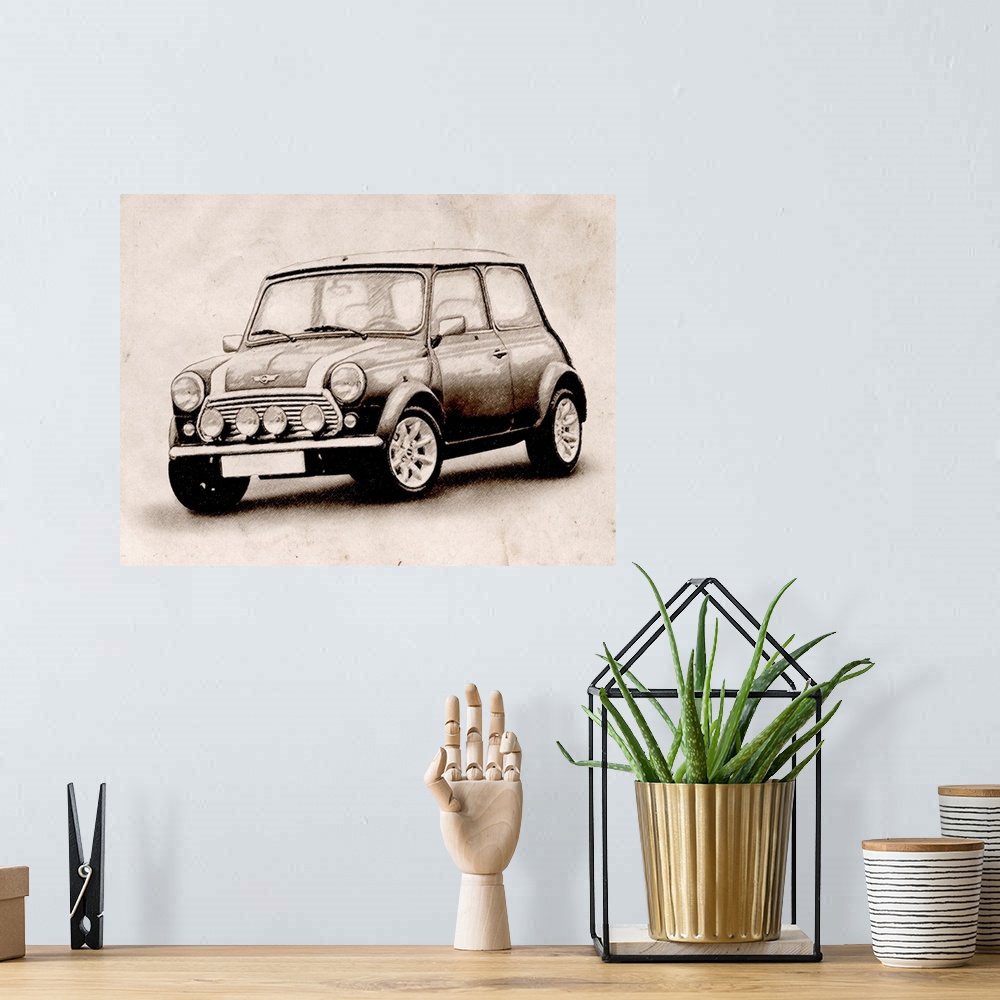 A bohemian room featuring Large horizontal artwork of a classic Austin Mini Cooper on a paper background.