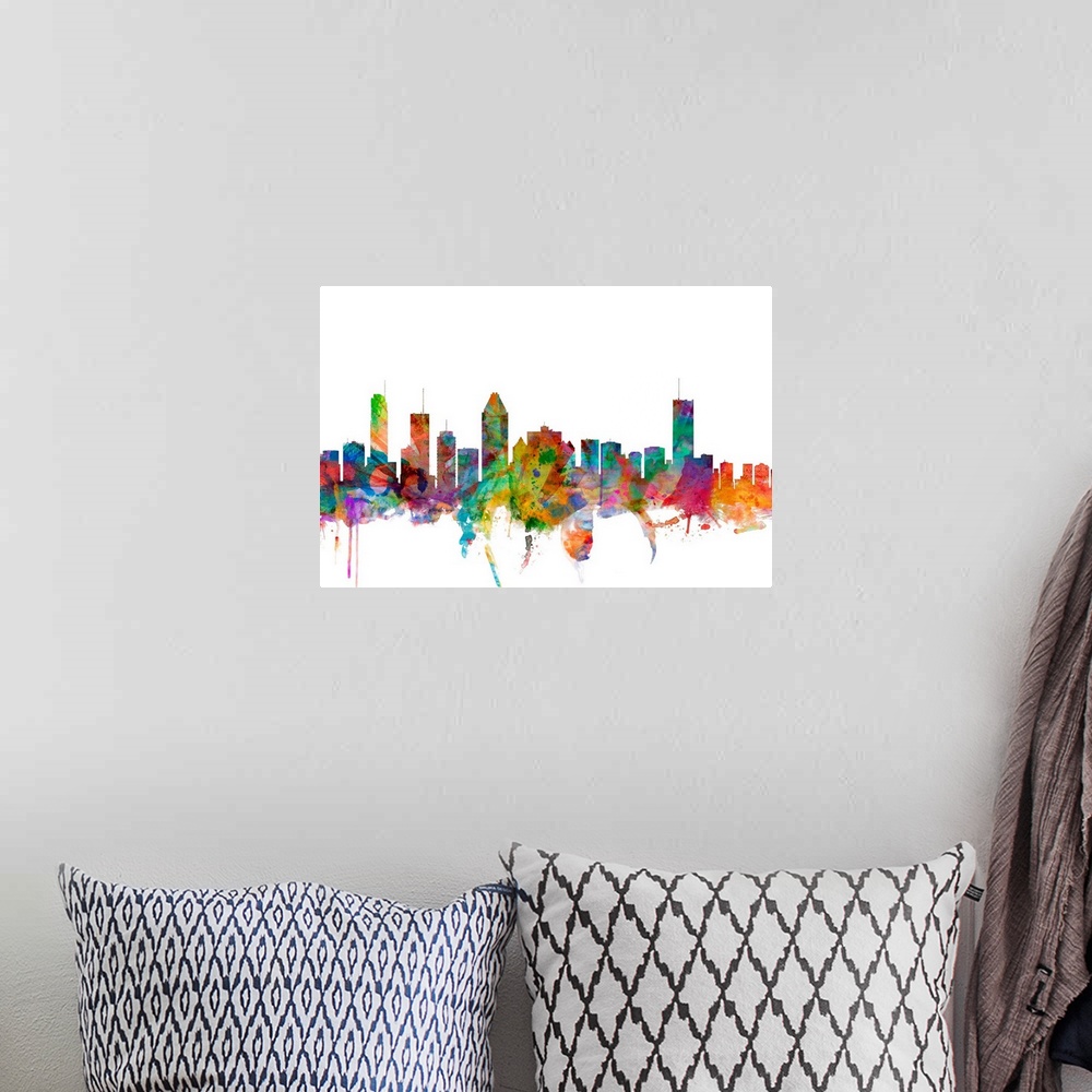 A bohemian room featuring Watercolor artwork of the Montreal skyline against a white background.