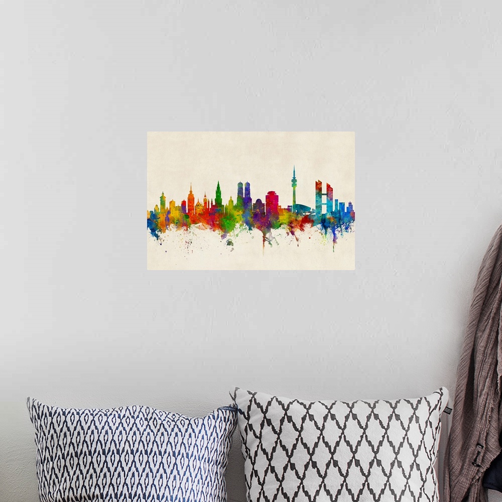 A bohemian room featuring Watercolor art print of the skyline of Munich, Germany (Mnchen)
