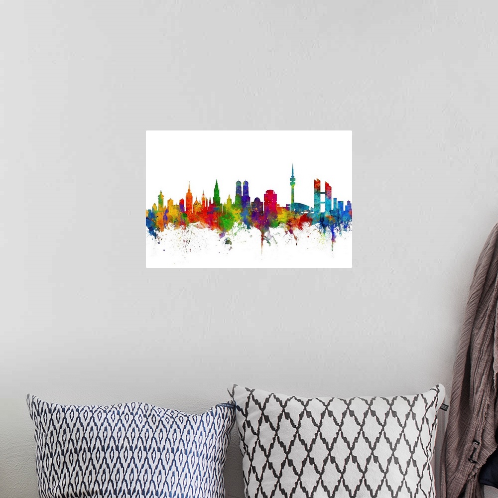 A bohemian room featuring Watercolor art print of the skyline of Munich, Germany (Mnchen)