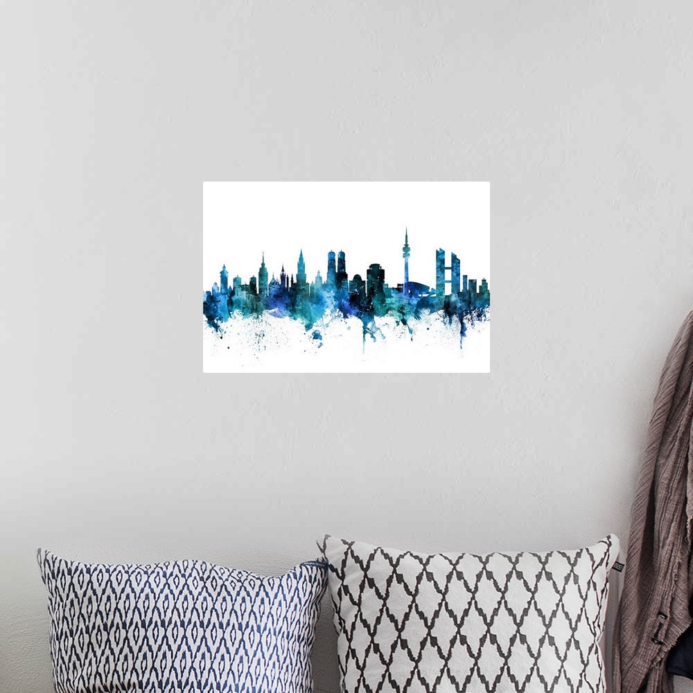 A bohemian room featuring Watercolor art print of the skyline of Munich, Germany (Munchen).