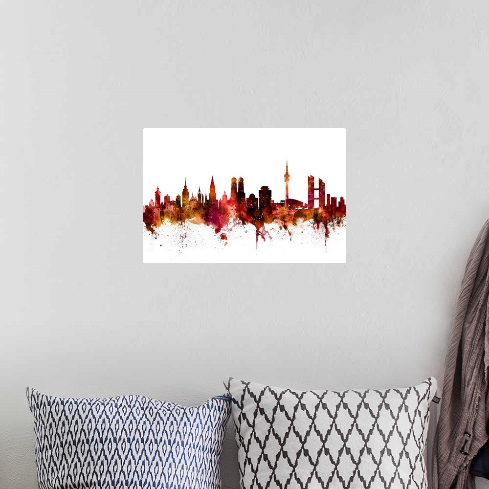 A bohemian room featuring Watercolor art print of the skyline of Munich, Germany (Munchen)