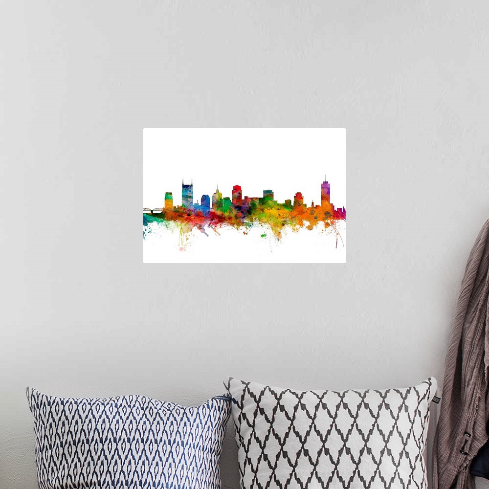 A bohemian room featuring Watercolor artwork of the Nashville skyline against a white background.